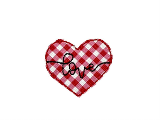 Red and white plaid heart dog collar embellishment with the word “love” in the center