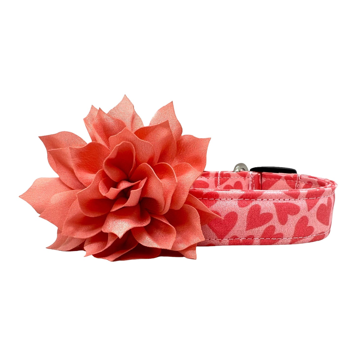Pink Valentine’s Day dog collar with heart pattern and removable petal peach dog collar embellishment attached to a sturdy pet collar