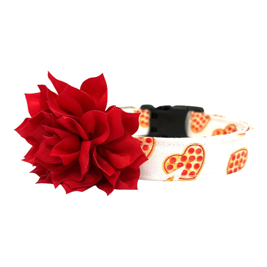 Valentine’s Day dog collar with heart-shaped pepperoni pizza pattern on white fabric and removable red dog collar flower
