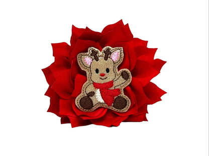 Red dog collar flower with layered petals and a sparkly reindeer embellishment in the center, shown in a 4-inch size with an elastic loop for easy attachment.