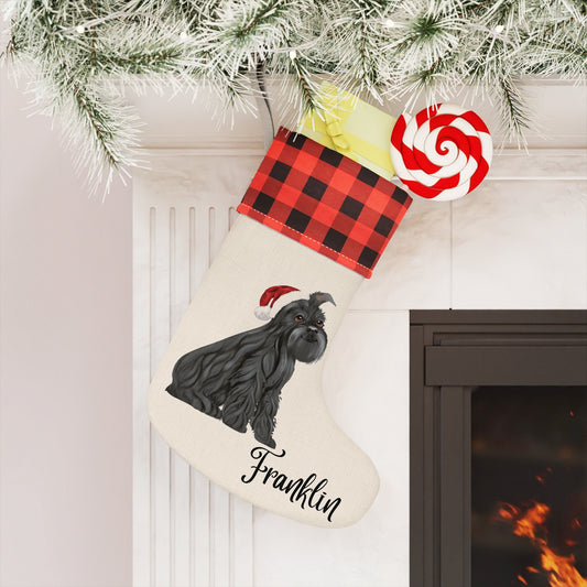 Cream burlap Christmas stocking featuring a watercolor Schnauzer wearing a Santa hat collar, personalized with a dog’s name; available in 3 color options.