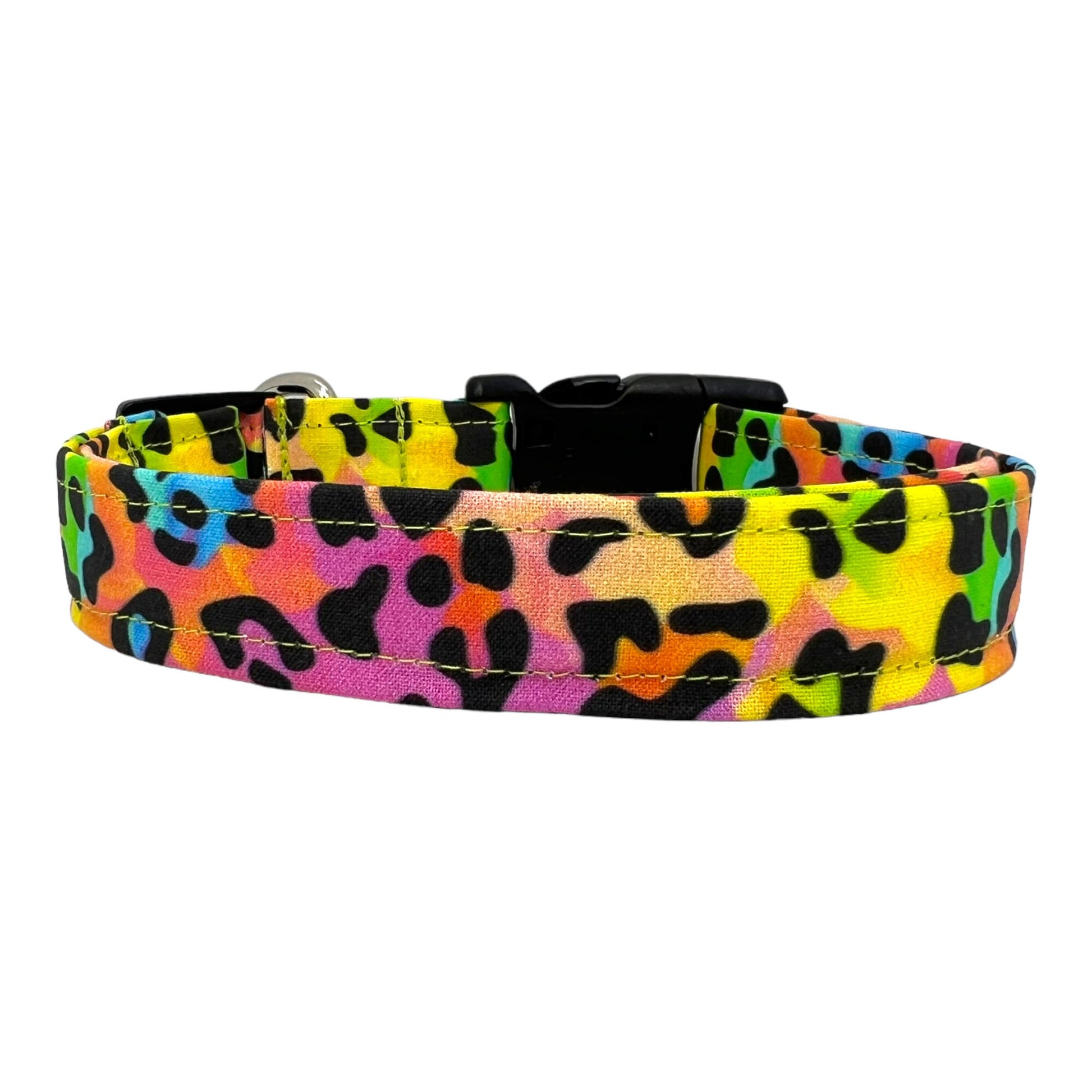 Bright neon leopard print dog collar with bold, colorful spots, perfect for stylish dogs who love to stand out on walks or at meet-ups.