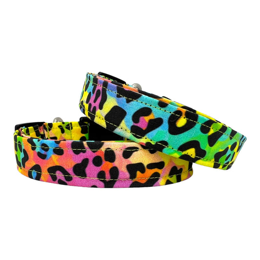 Bright neon leopard print dog collar with bold, colorful spots, perfect for stylish dogs who love to stand out on walks or at meet-ups.