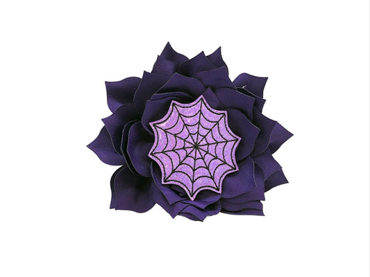 Fluffy petal dog collar flower with a shimmery purple spider web center, available in 3 or 4 inches, attaches to collar with elastic loop.