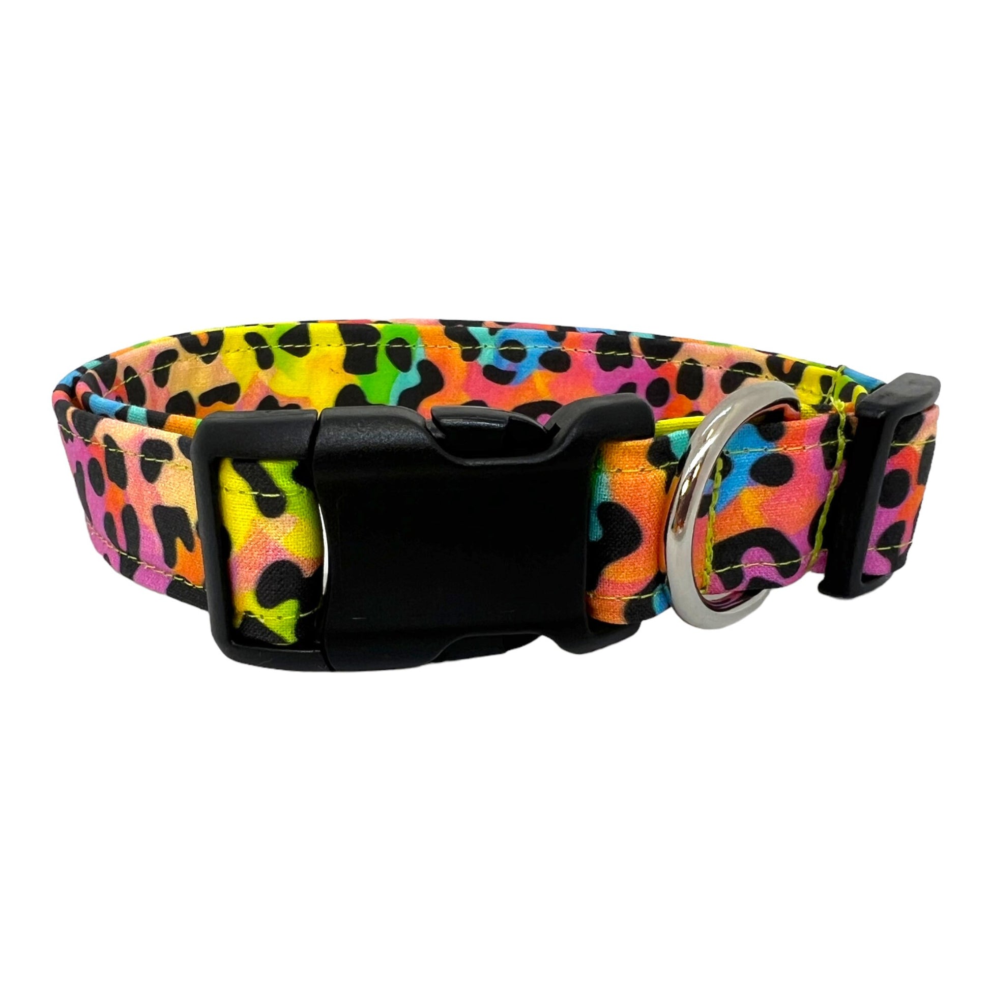 Bright neon leopard print dog collar with bold, colorful spots, perfect for stylish dogs who love to stand out on walks or at meet-ups.