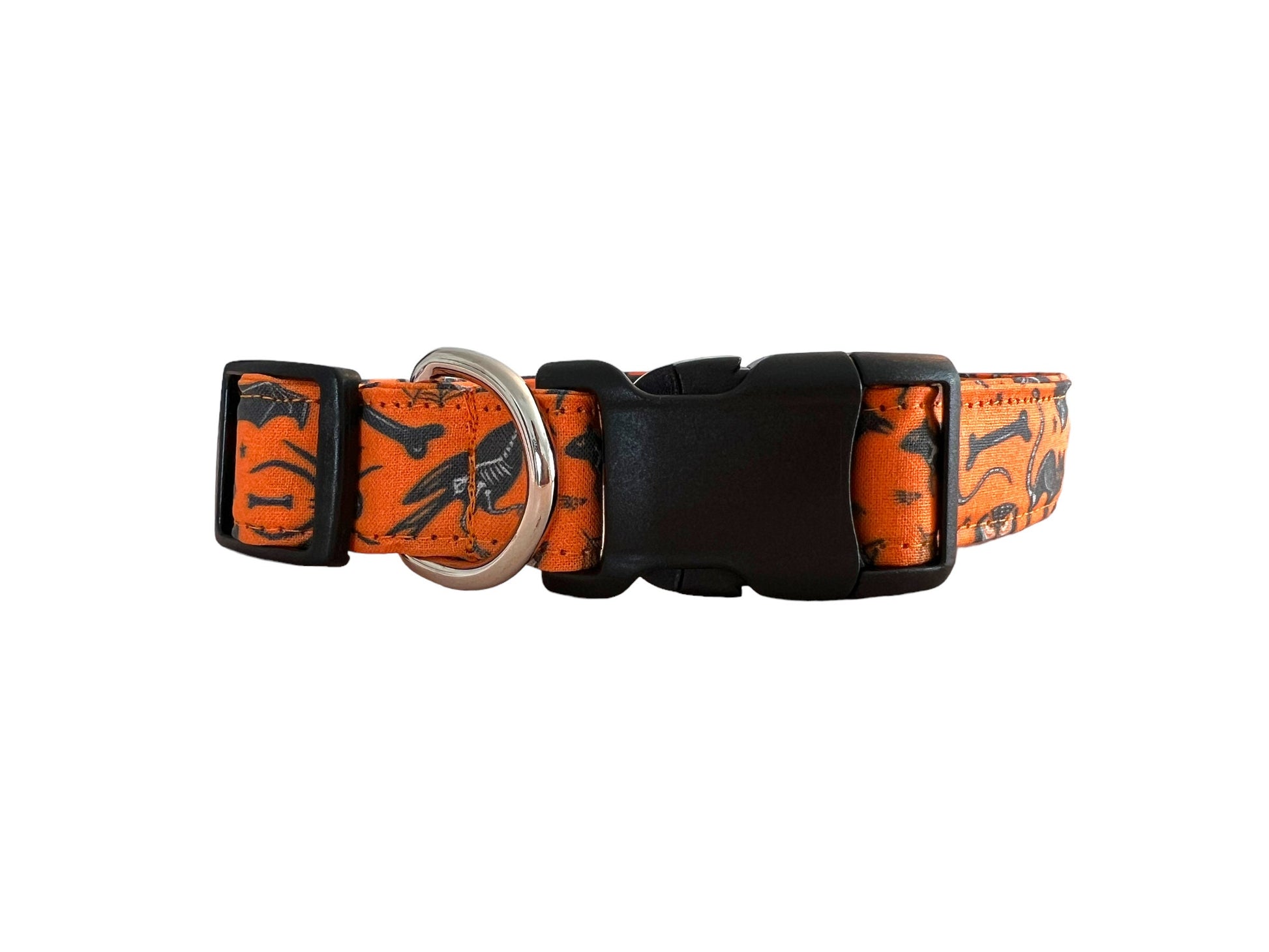 Halloween dog collar with x-ray designs of bats, owls, rats, ravens, and crossbones