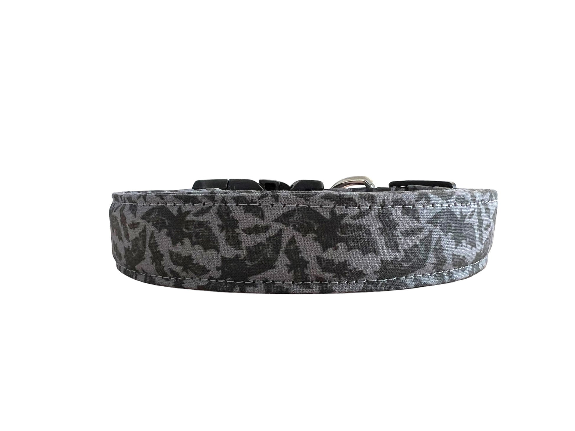 Gray dog collar with a black bat pattern.