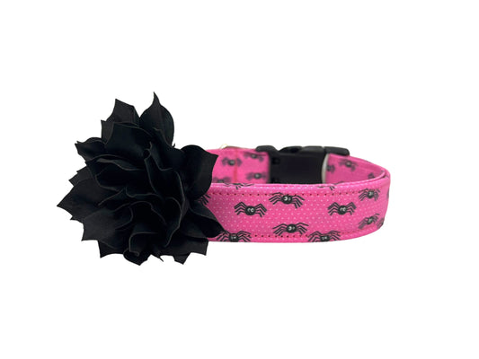 Halloween Dog Collar, Spider Dog Collar, Spooky Dog Collar, Pink Spider Halloween Dog Collar with Flower, Cute Halloween Dog Collar
