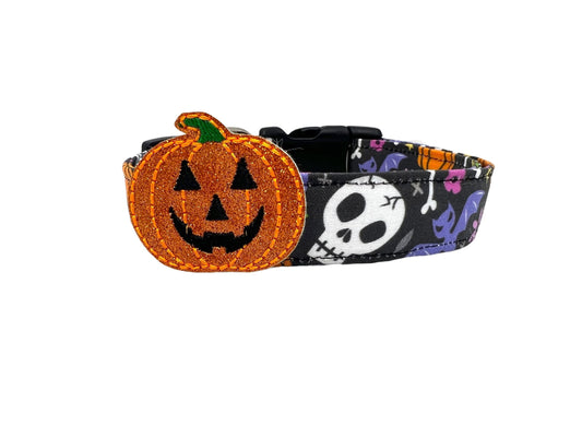 Halloween Skull Dog Collar with Jack O Lantern Pumpkin Dog Collar Embellishment