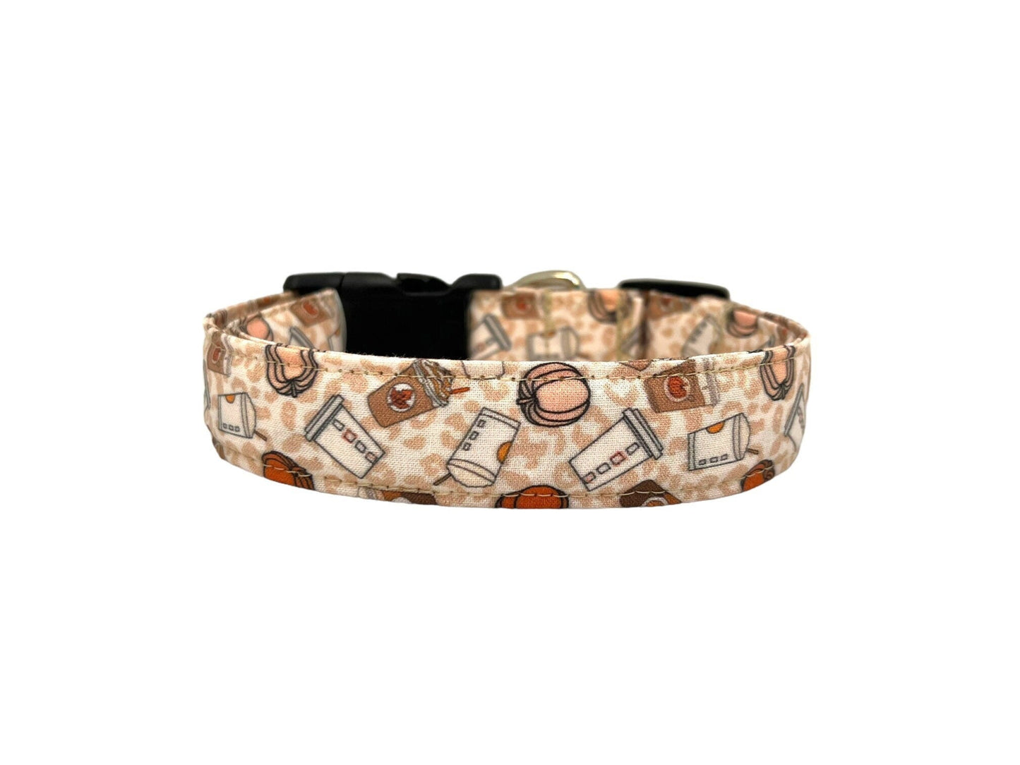 Neutral pumpkin spice leopard dog collar with latte and pumpkin design on a leopard print background.
