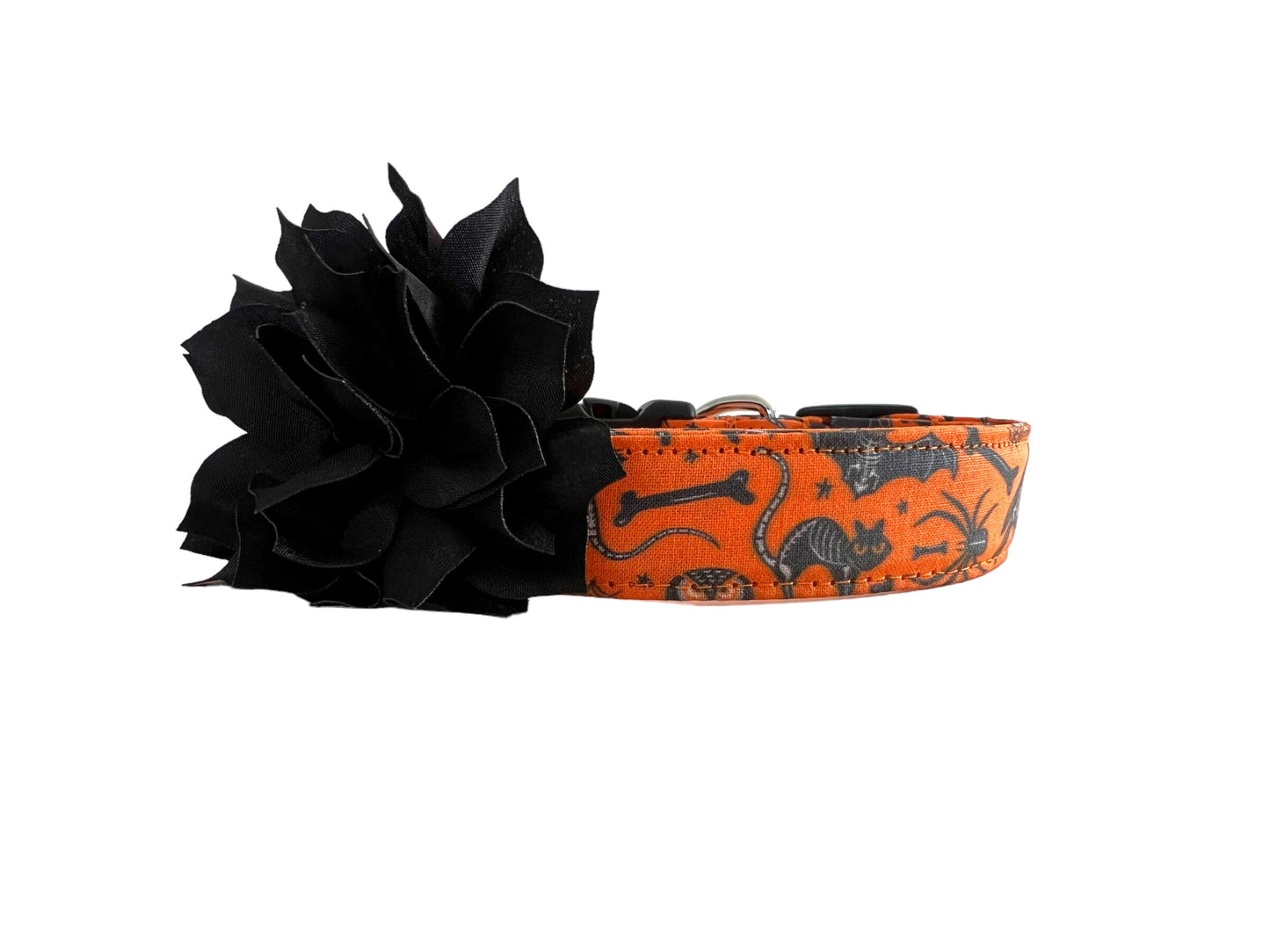 Halloween dog collar with x-ray designs of bats, owls, rats, ravens, and crossbones, shown with a black removable flower.