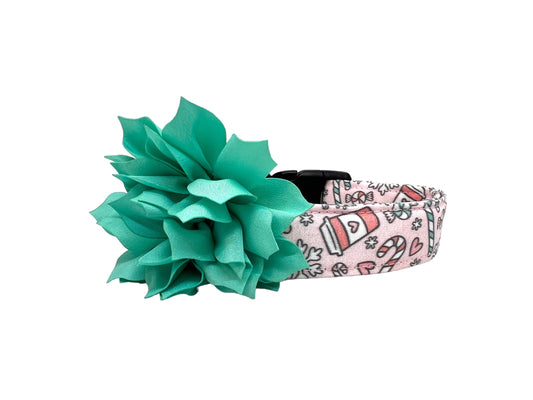 Peppermint Mocha & Snowflake Dog Collar with Flower