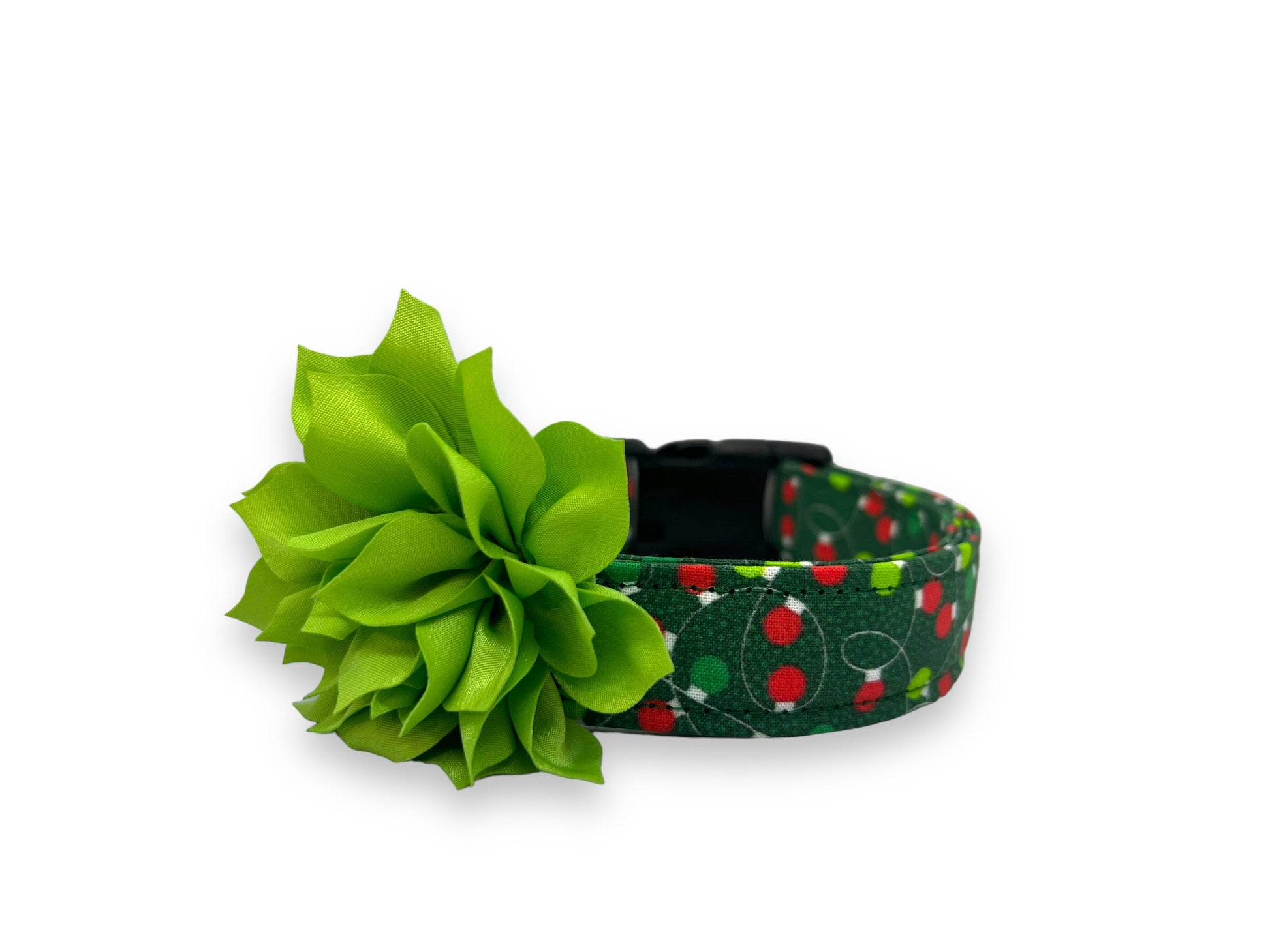 Christmas tree dog collar embellishment with green and red holiday design, elastic loop attachment, and festive sparkle for holiday dog collars.
