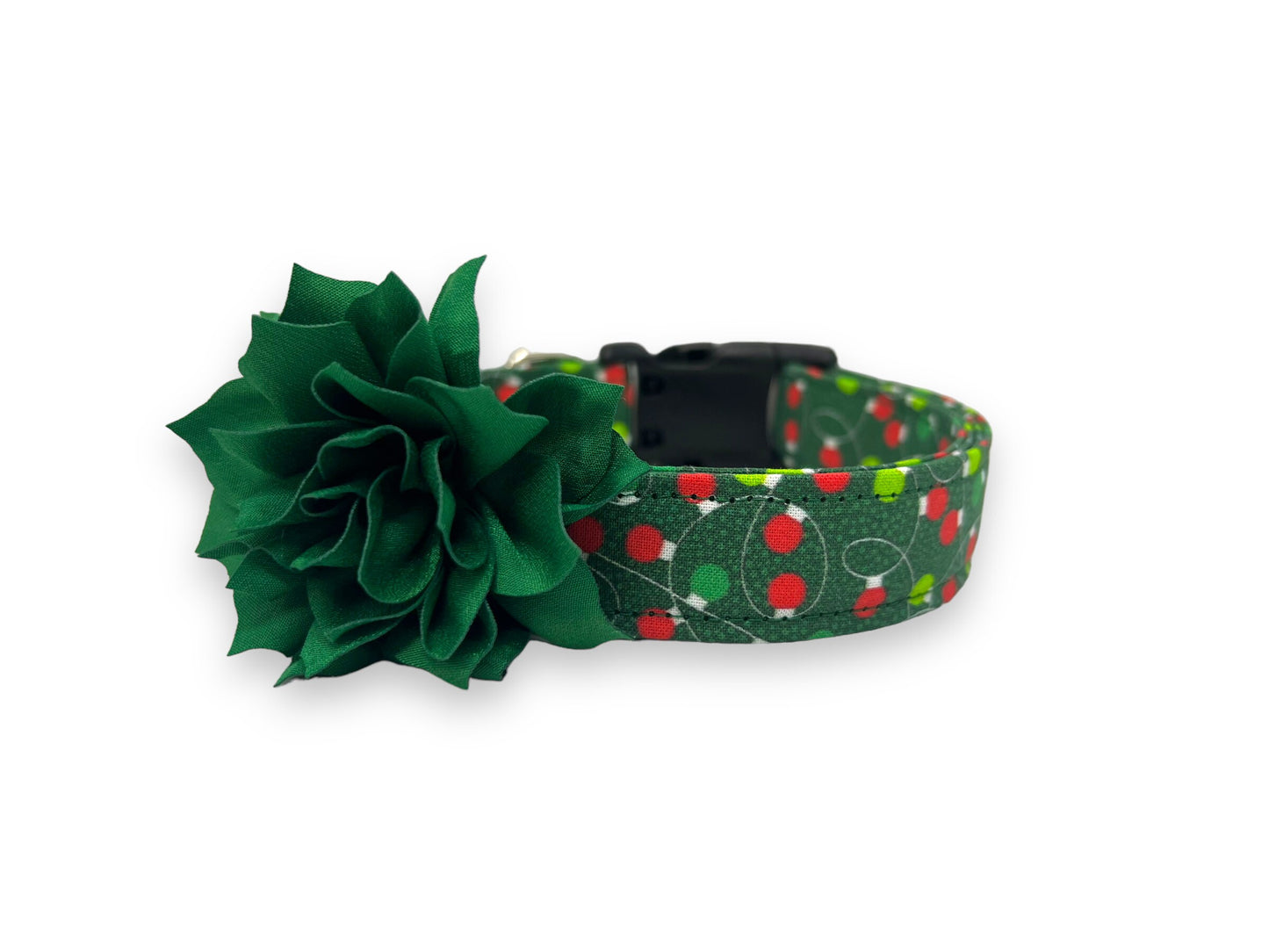 Christmas tree dog collar embellishment with green and red holiday design, elastic loop attachment, and festive sparkle for holiday dog collars.