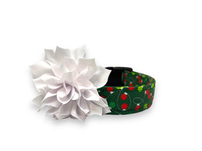 Christmas tree dog collar embellishment with green and red holiday design, elastic loop attachment, and festive sparkle for holiday dog collars.