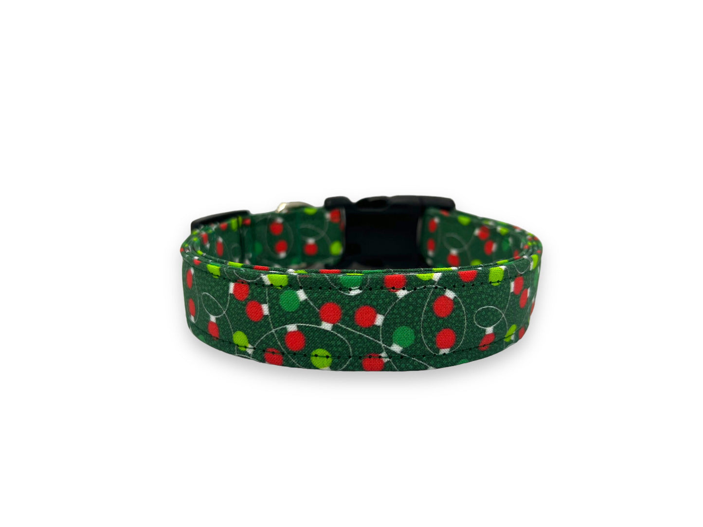 Christmas tree dog collar embellishment with green and red holiday design, elastic loop attachment, and festive sparkle for holiday dog collars.