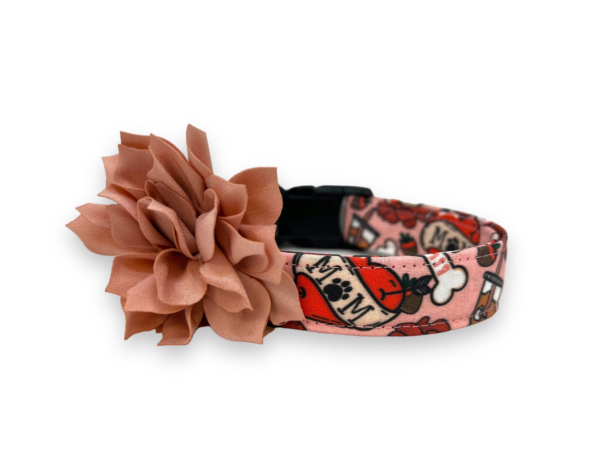 Valentine’s Day dog collar with MOM heart design, paw print detail, coffee, roses, dog bones, chocolate strawberries, and removable dusty rose flower accessory.