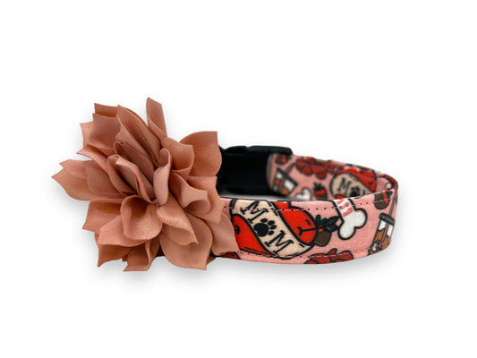 Valentine’s Day dog collar with MOM heart design, paw print detail, coffee, roses, dog bones, chocolate strawberries, and removable dusty rose flower accessory.