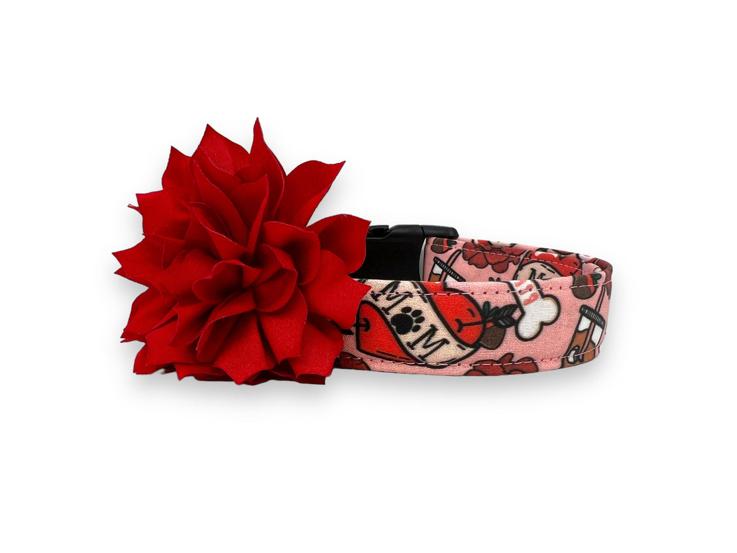 Valentine’s Day dog collar with MOM heart design, paw print detail, coffee, roses, dog bones, chocolate strawberries, and removable red flower accessory.