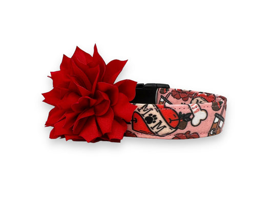 Valentine’s Day dog collar with MOM heart design, paw print detail, coffee, roses, dog bones, chocolate strawberries, and removable red flower accessory.