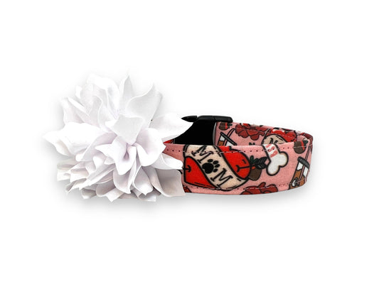 Valentine’s Day dog collar with MOM heart design, paw print detail, coffee, roses, dog bones, chocolate strawberries, and removable white flower accessory.