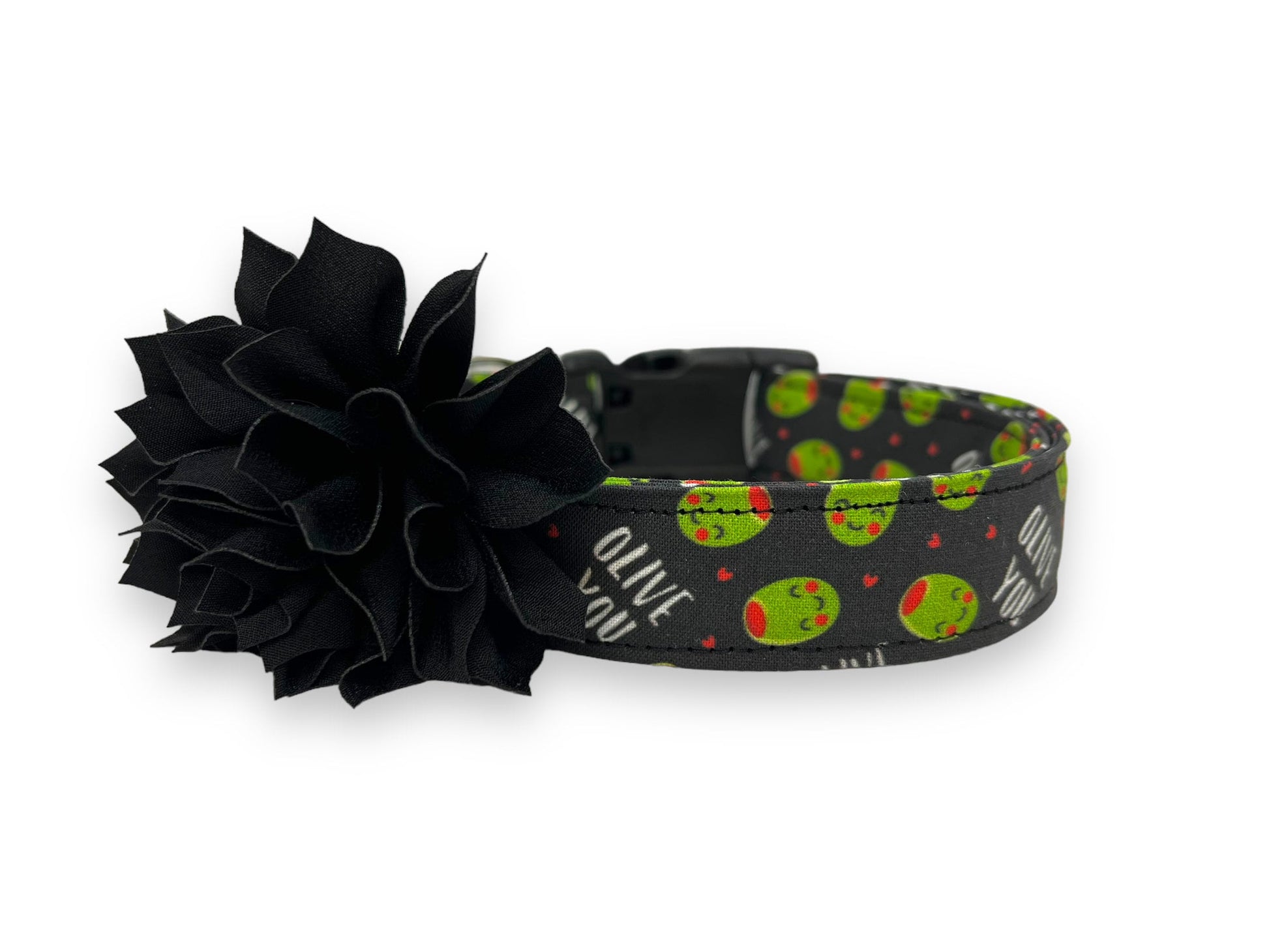 "olive you" olive Dog collar with black dog collar flower accessory on a white background