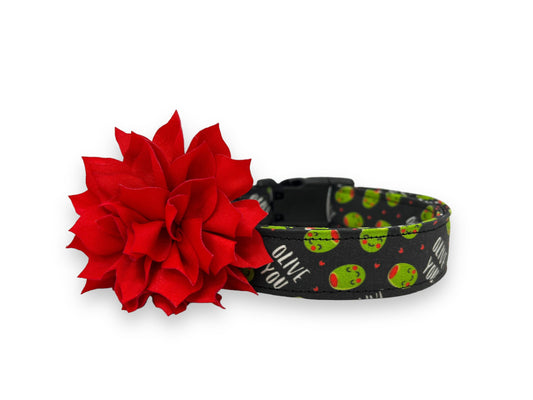 "olive you" olive Dog collar with removable red dog collar flower accessory on a white background