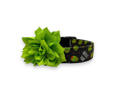 "olive you" olive Dog collar with removable apple green dog collar flower accessory on a white background