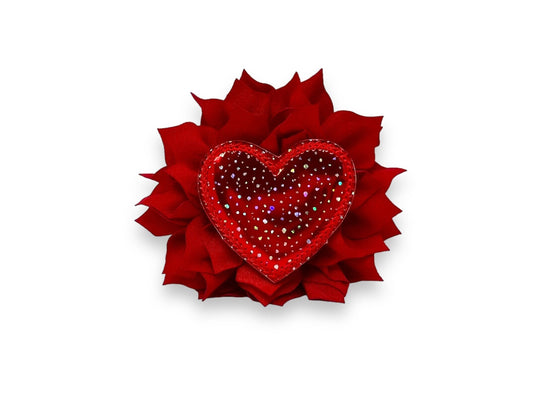 Valentine’s Day dog collar flower with speckled heart embellishment and fluffy layered petals, shown in a 4-inch red size with elastic collar loop.