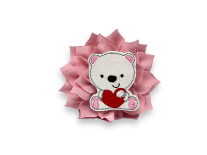 Valentine’s Day dog collar flower with polar bear embellishment and fluffy layered petals, shown in a 4-inch light pink size with elastic collar loop.