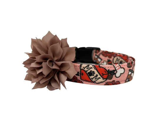 Valentine’s Day dog collar with MOM heart design, paw print detail, coffee, roses, dog bones, chocolate strawberries, and removable taupe flower accessory.