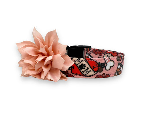 Valentine’s Day dog collar with MOM heart design, paw print detail, coffee, roses, dog bones, chocolate strawberries, and removable pink blush flower accessory.