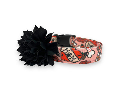 Valentine’s Day dog collar with MOM heart design, paw print detail, coffee, roses, dog bones, chocolate strawberries, and removable black flower accessory.