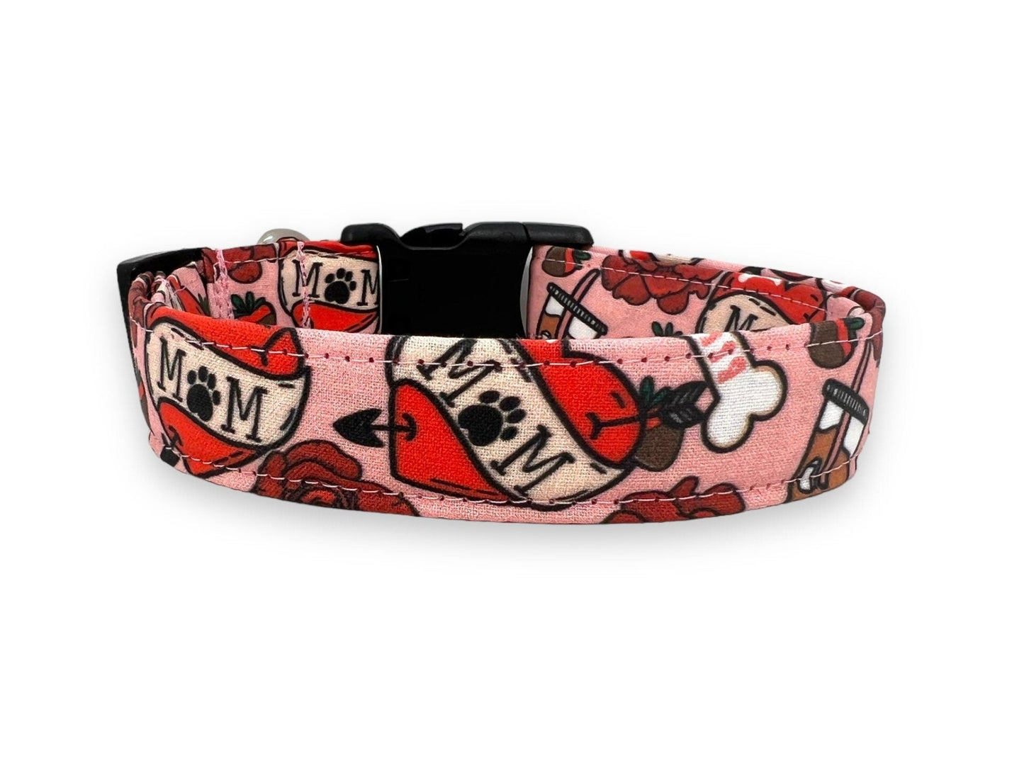 Valentine’s Day dog collar with MOM heart design, paw print detail, coffee, roses, dog bones and chocolate strawberries.