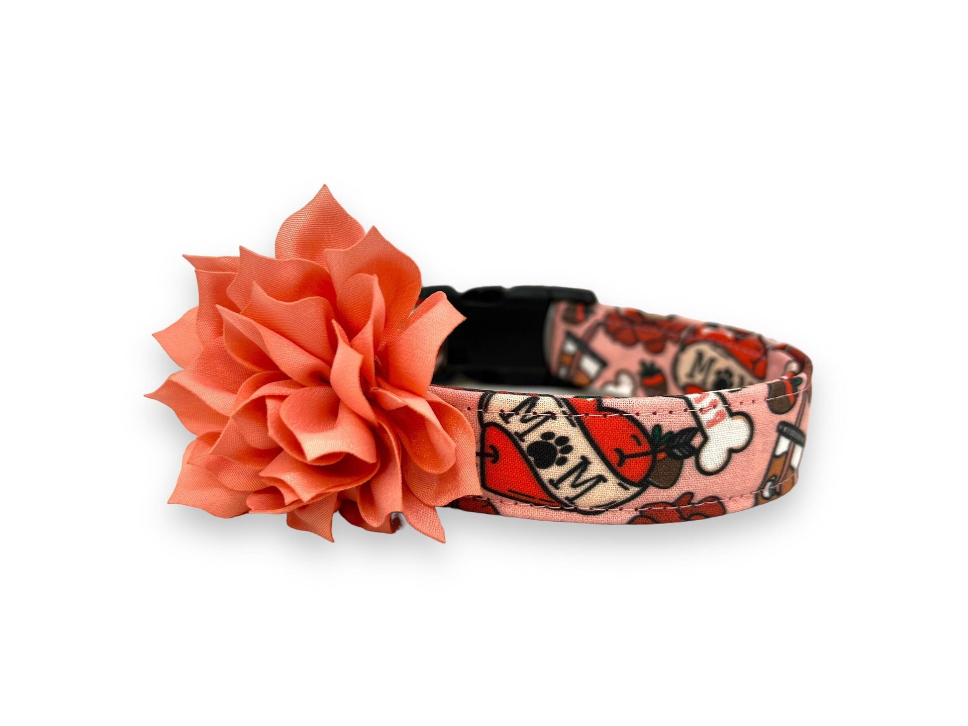 Valentine’s Day dog collar with MOM heart design, paw print detail, coffee, roses, dog bones, chocolate strawberries, and removable peach flower accessory.