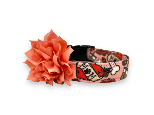 Valentine’s Day dog collar with MOM heart design, paw print detail, coffee, roses, dog bones, chocolate strawberries, and removable peach flower accessory.