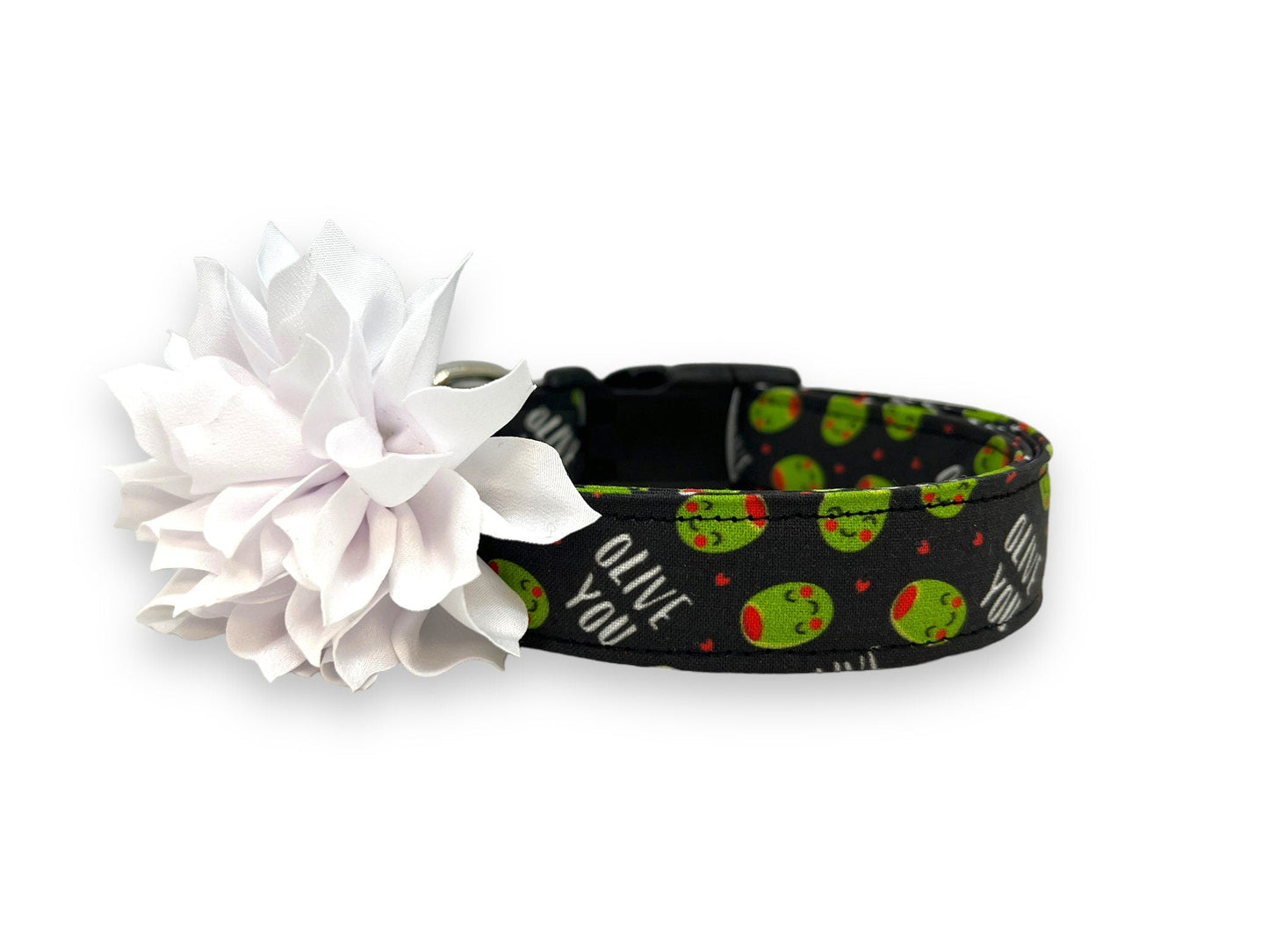 "olive you" olive Dog collar with white dog collar flower accessory on a white background