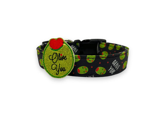 Valentine's Day Dog Collar, Olive You Dog Collar with Flower, Dog Collar for Valentine's Day, Valentine's Day Olive Dog Collar, Olive Collar