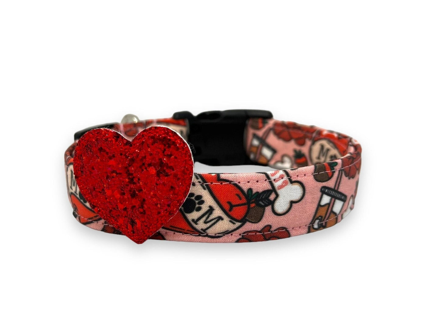 Valentine’s Day dog collar with MOM heart design, paw print detail, coffee, roses, dog bones, chocolate strawberries, and removable chunky glitter red heart accessory.