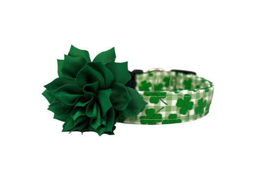 St. Patrick's Day Dog Plaid Shamrock Dog Collar with Flower
