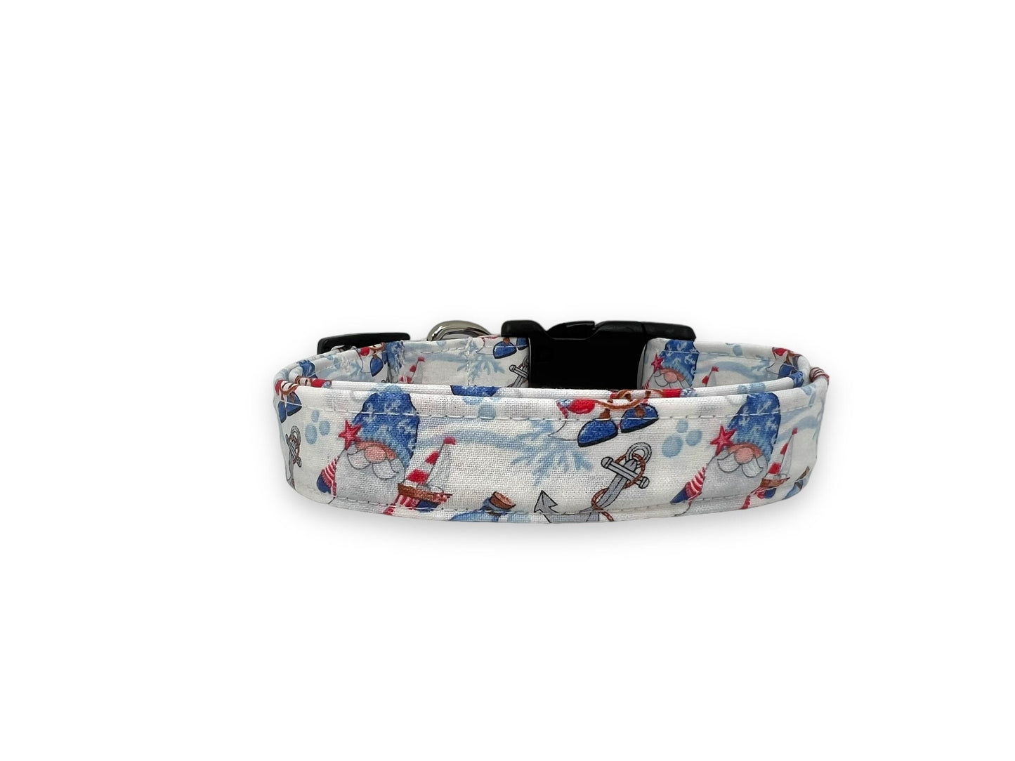 Patriotic dog collar featuring nautical gnomes in red, white, and blue attire.
