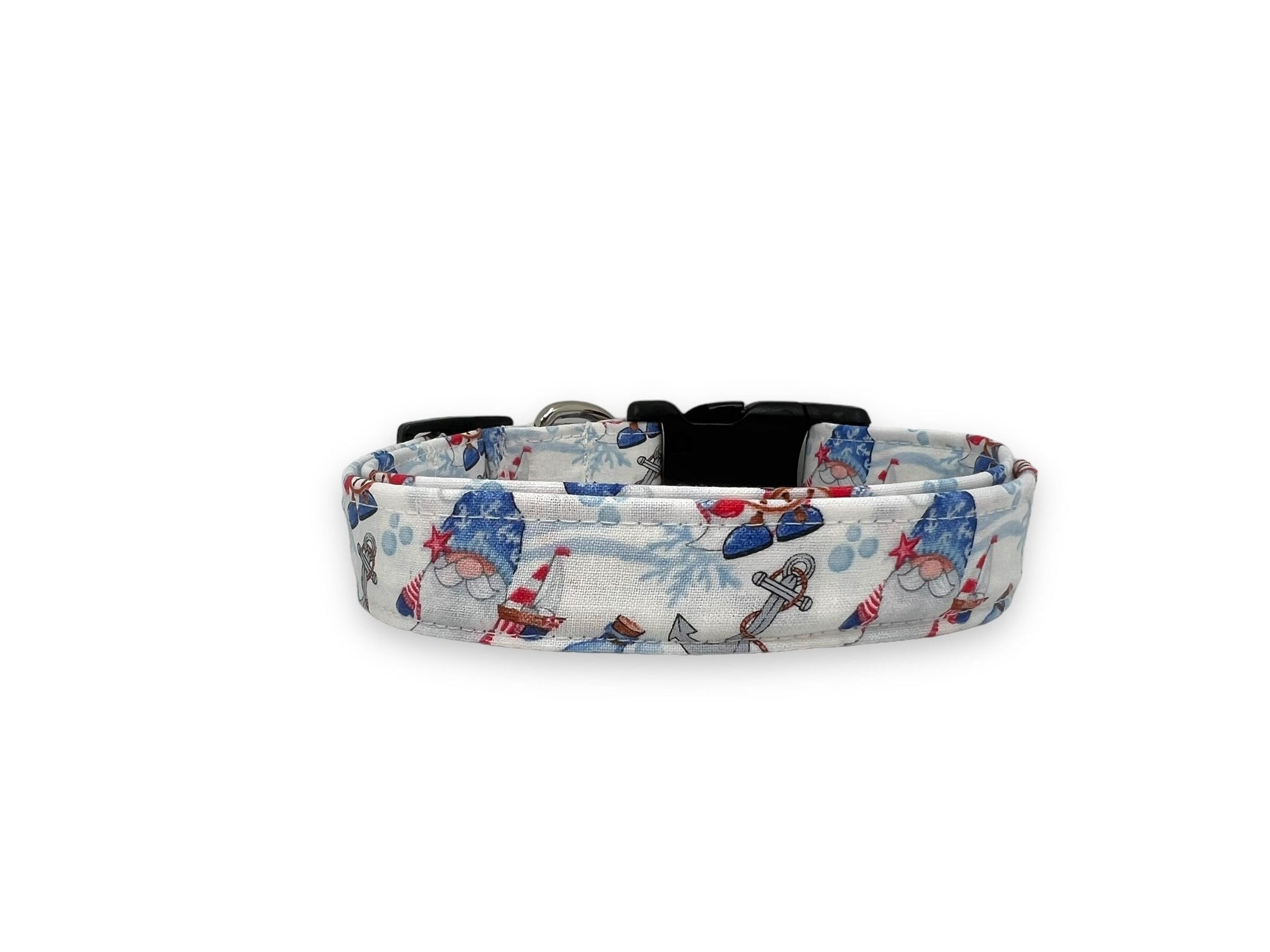 Patriotic dog collar featuring nautical gnomes in red, white, and blue attire.