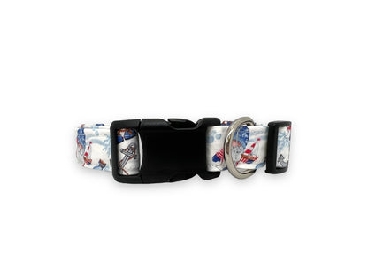 Patriotic dog collar featuring nautical gnomes in red, white, and blue attire.