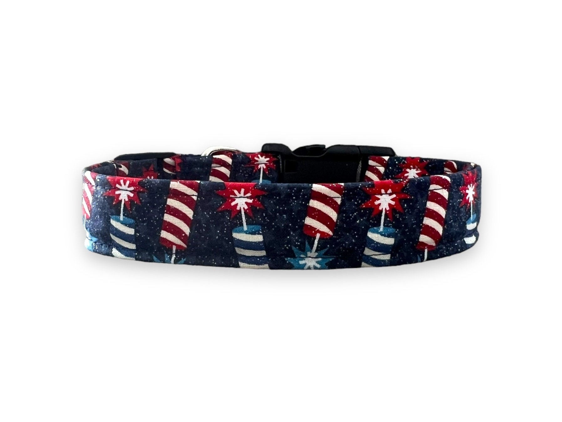 Navy patriotic dog collar decorated with sparkly red and blue sparkler designs, perfect for 4th of July celebrations.