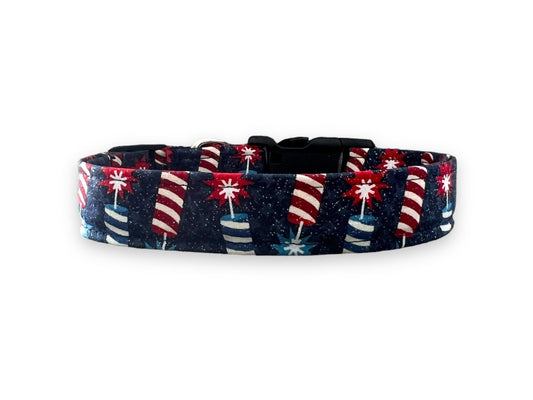 Navy patriotic dog collar decorated with sparkly red and blue sparkler designs, perfect for 4th of July celebrations.