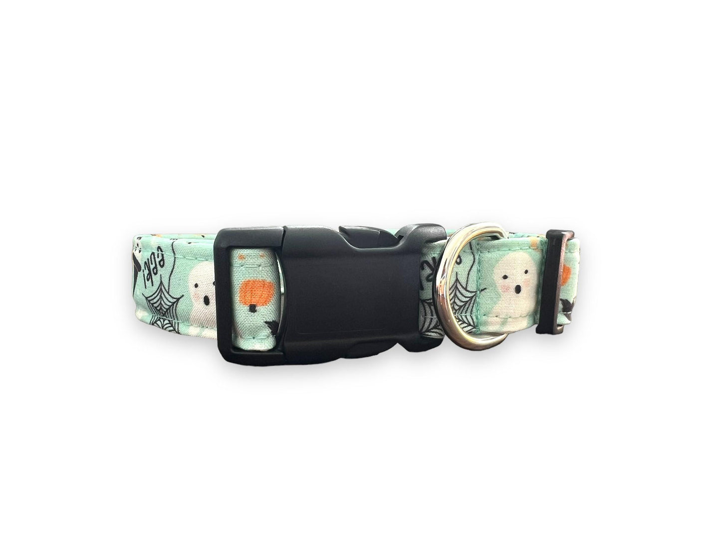 Pale sea glass Halloween dog collar with playful ghosts, pumpkins and spider webs.