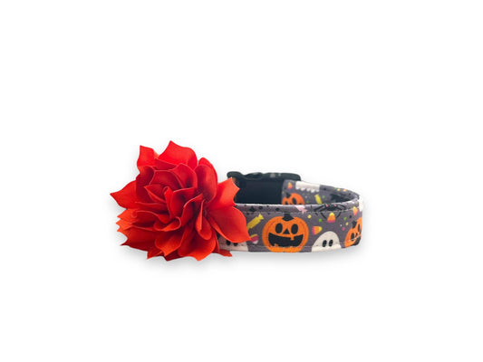 Halloween Dog Collar, Pumpkin Dog with Flower, Ghost Dog Collar, Jack O Lantern Dog Collar, Collar for Halloween, Halloween Collar