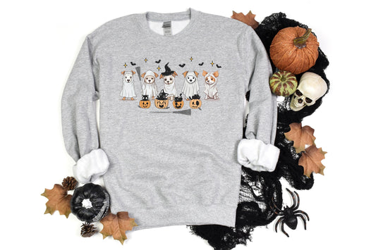Halloween sweatshirt with five dogs dressed as ghosts, surrounded by bats, black cats, and jack-o’-lanterns for a playful spooky-season design.