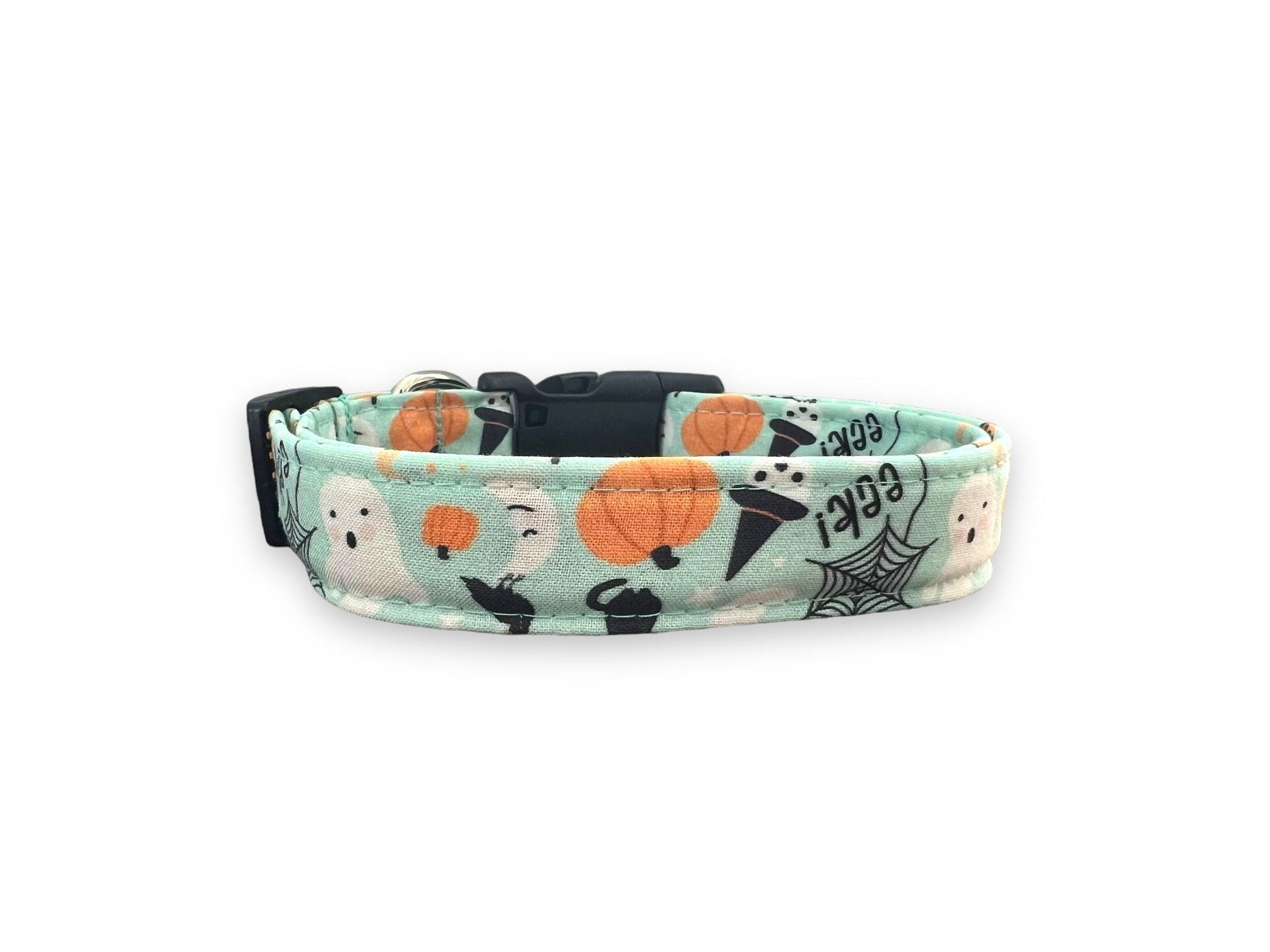 Pale sea glass Halloween dog collar with playful ghosts, pumpkins and spider webs.
