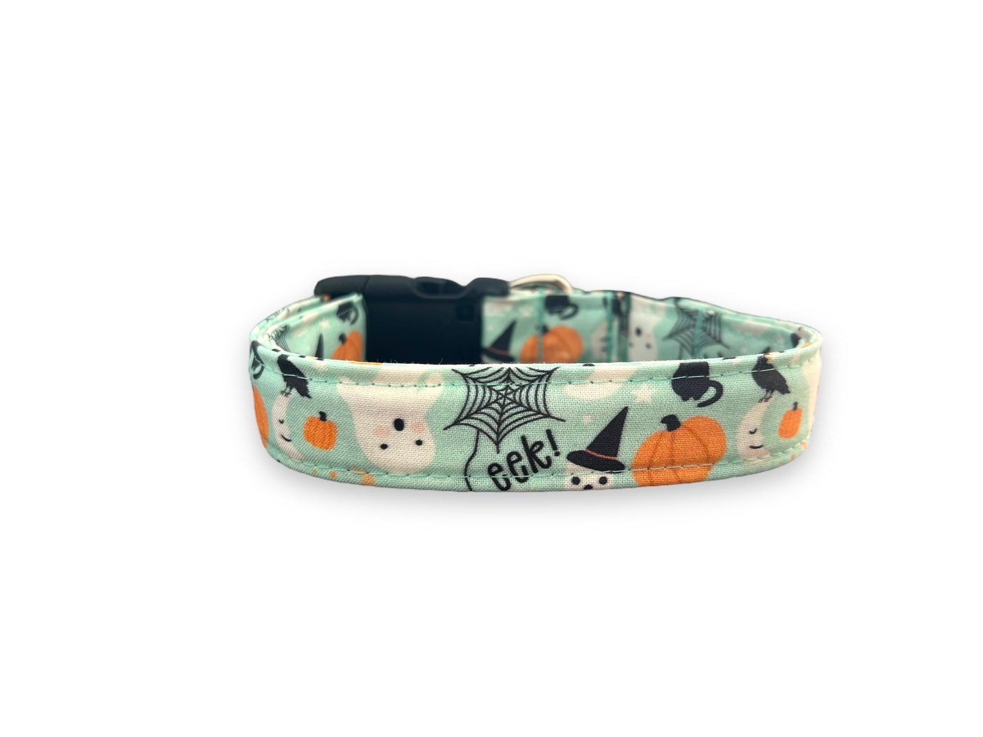 Pale Sea Glass Halloween dog collar with ghosts, spider webs, skeletons, pumpkins, and witch hats.